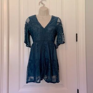 Steel blue lace/chiffon short sleeve romper. XS